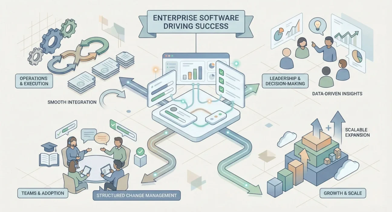 Illustrated diagram showing enterprise software at the center connecting operations, data integration, decision-making, team adoption, change management, and scalable business growth through unified dashboards, workflows, and analytics.