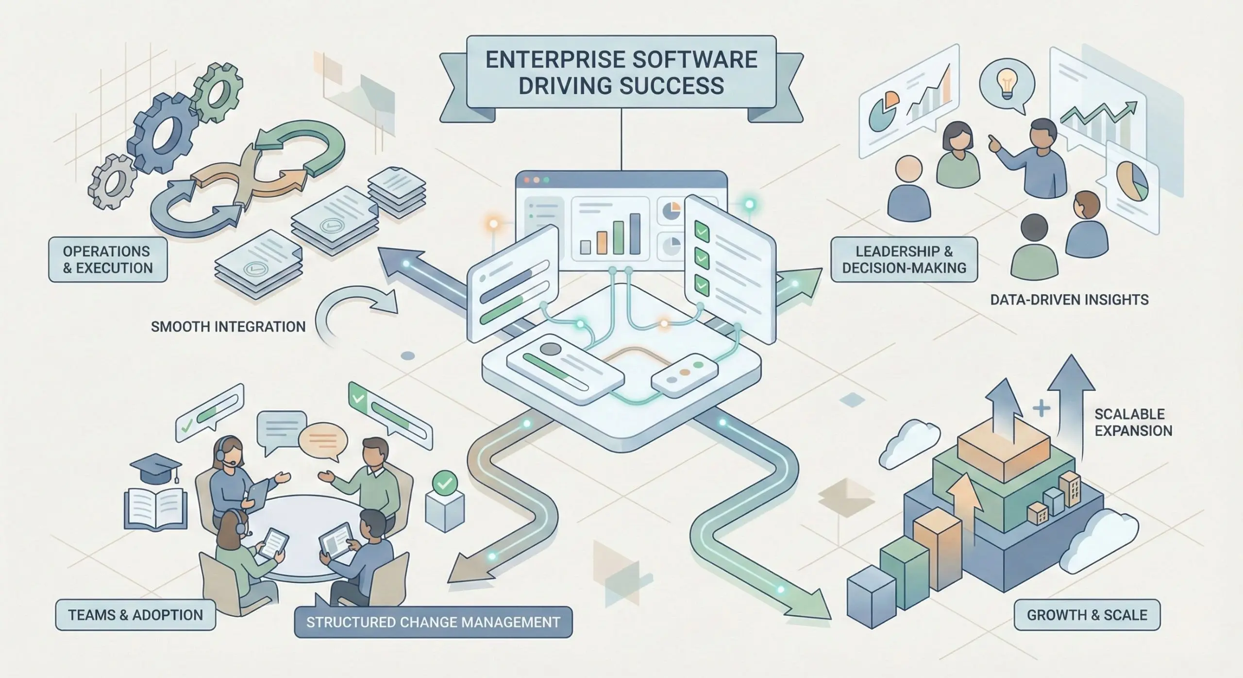 Illustrated diagram showing enterprise software at the center connecting operations, data integration, decision-making, team adoption, change management, and scalable business growth through unified dashboards, workflows, and analytics.