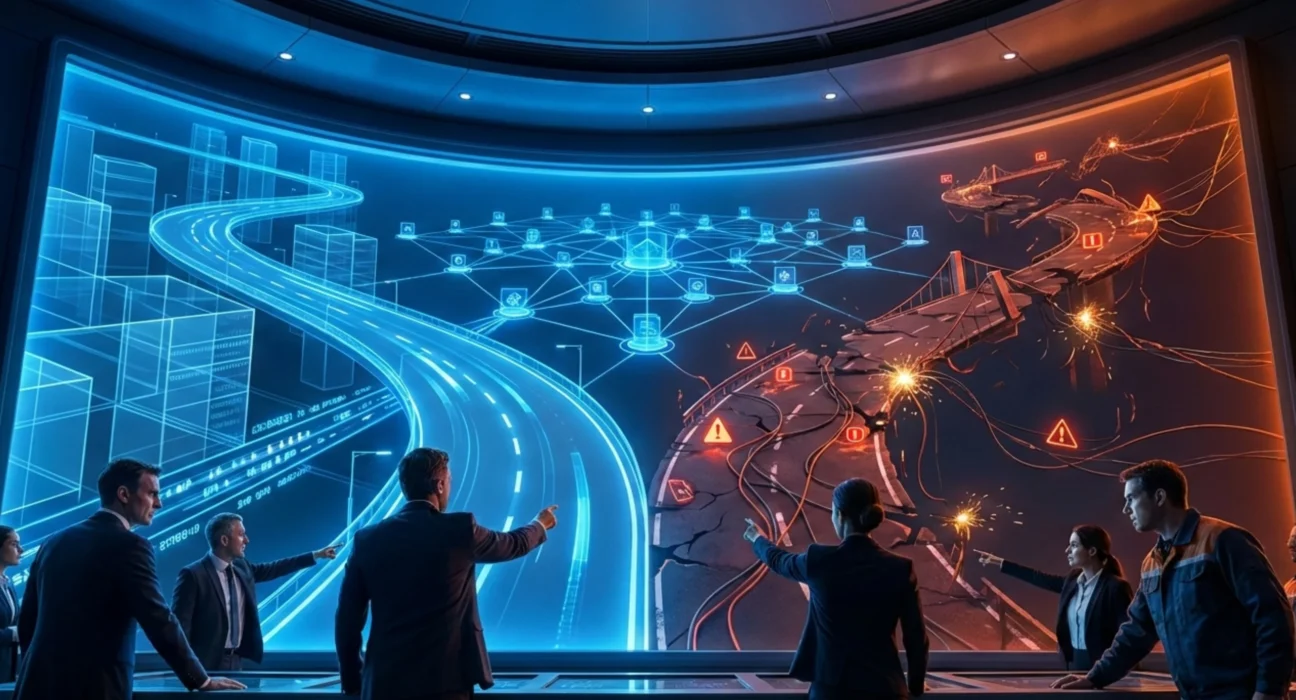 Enterprise platform deployment showing integration complexity, governance challenges, testing risks, and change management across large organisations