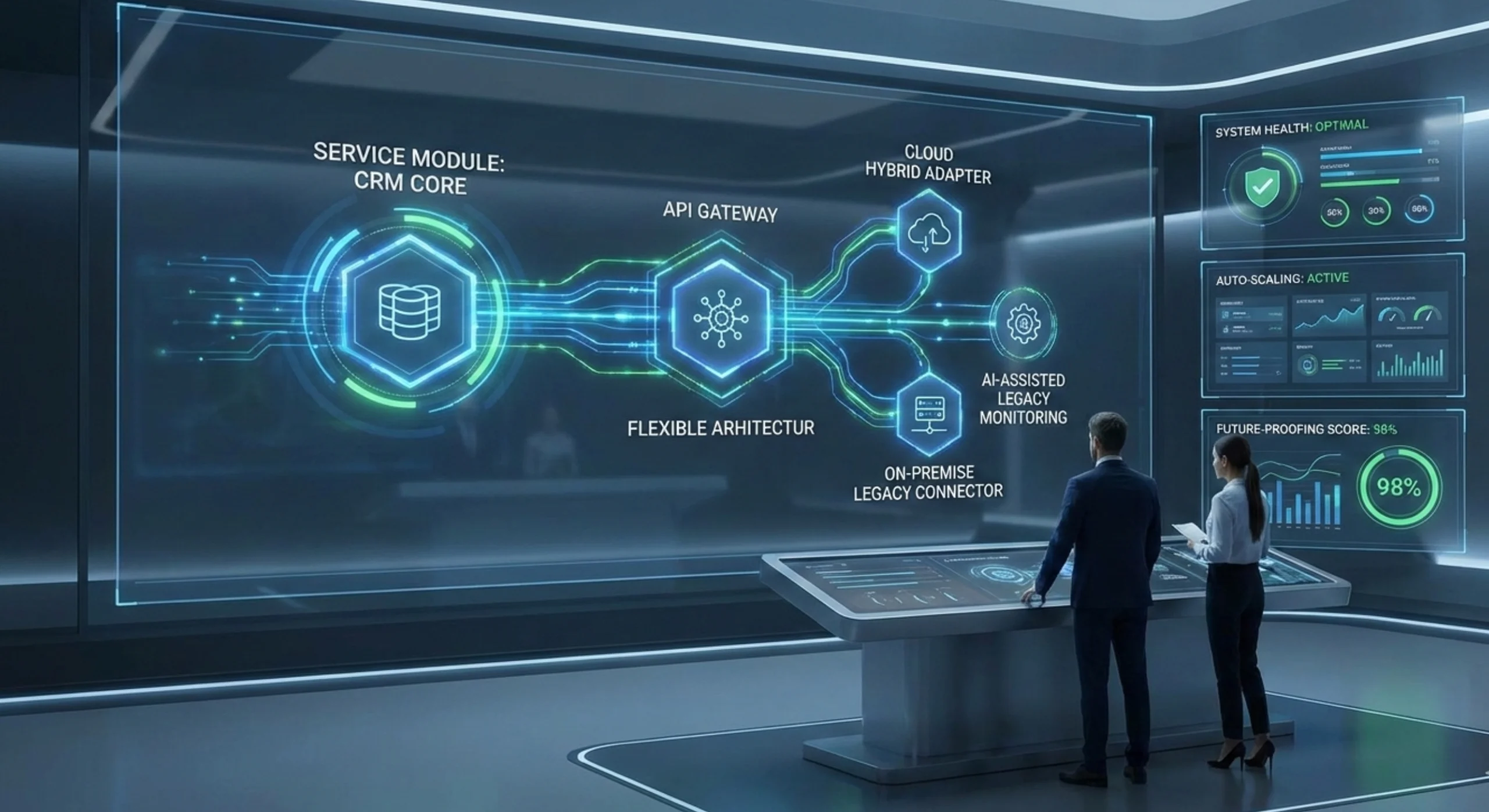 Illustration of modern enterprise applications with modular architecture, cloud integration, APIs, and AI automation, highlighting adaptability and long-term sustainability.