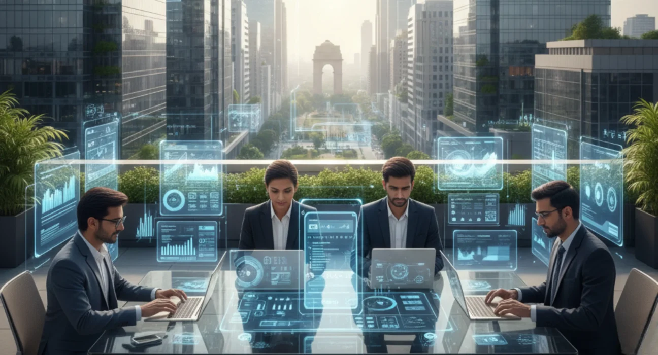 Realistic office scene of mobile app developers in Delhi NCR working on Android and iOS applications.