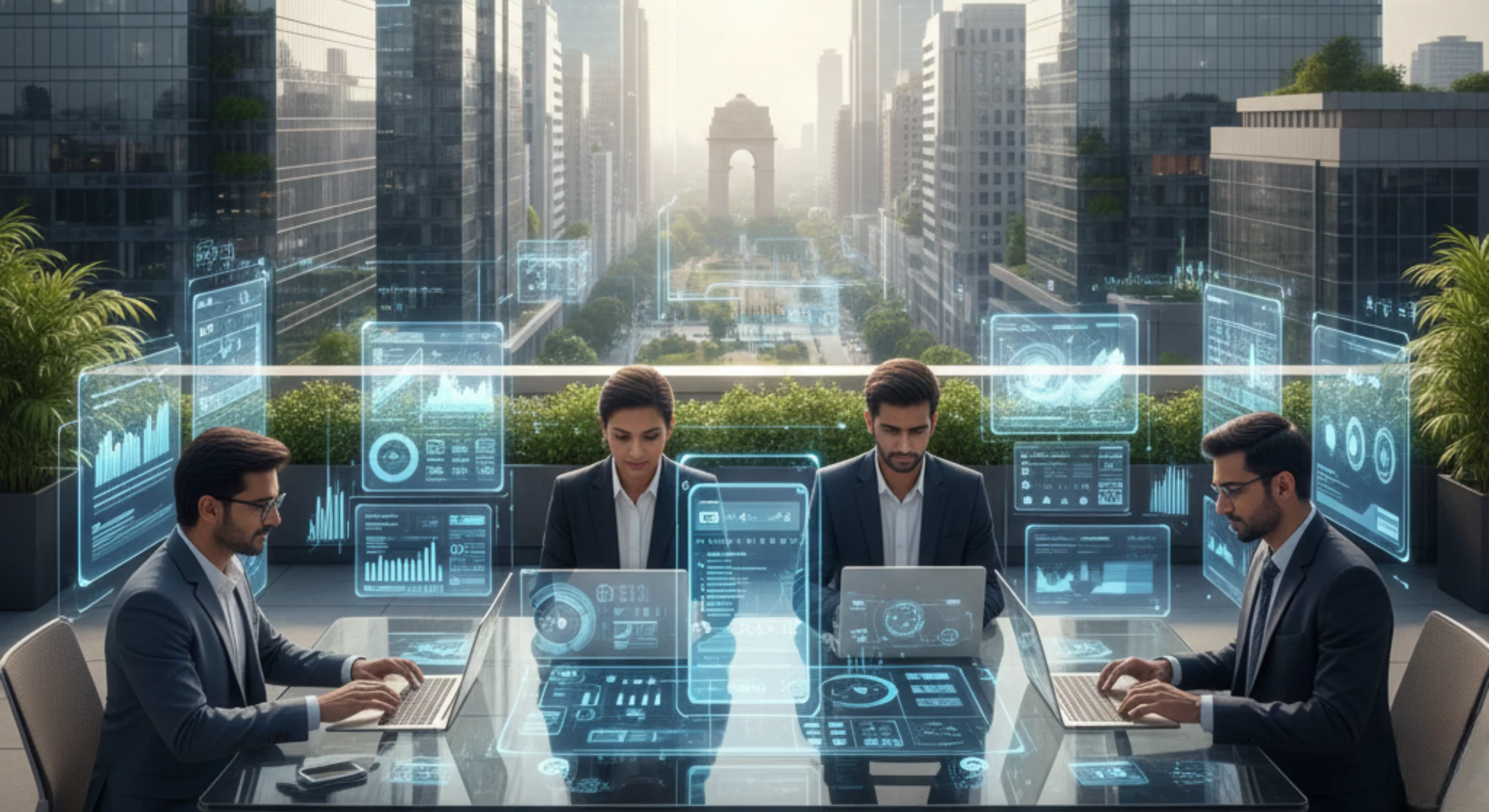Realistic office scene of mobile app developers in Delhi NCR working on Android and iOS applications.
