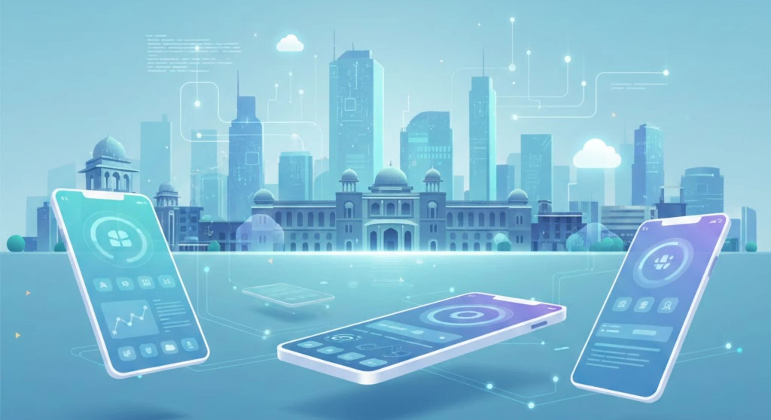 Vadodara skyline with mobile app development and software technology concept