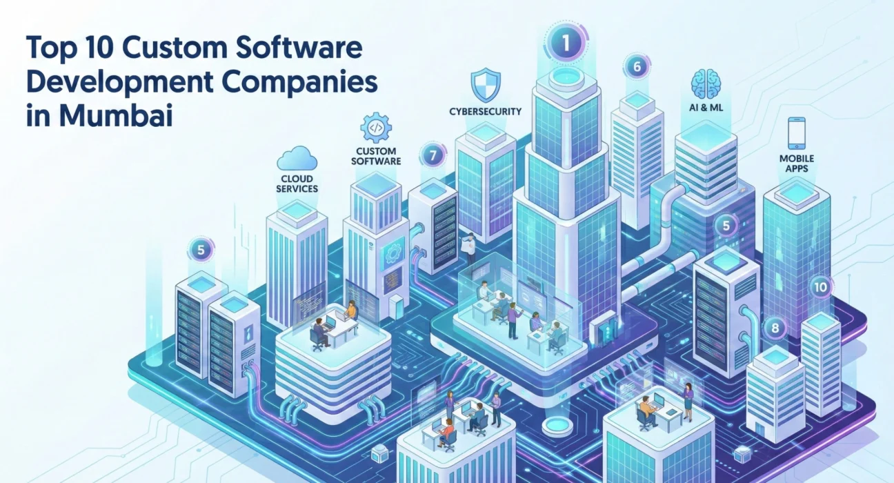 Futuristic isometric illustration of a digital city representing the top custom software development companies in Mumbai, with connected buildings labeled cloud services, custom software, cybersecurity, AI and ML, and mobile apps, showing development teams working inside a smart technology ecosystem.