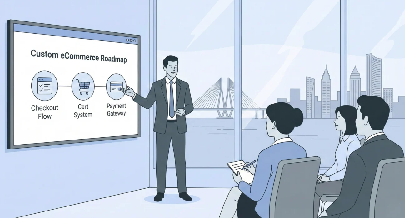 Corporate illustration of a consultant presenting a custom ecommerce roadmap, explaining checkout flow, cart system, and payment gateway to a business team, with the Mumbai skyline and Bandra–Worli Sea Link visible through office windows.
