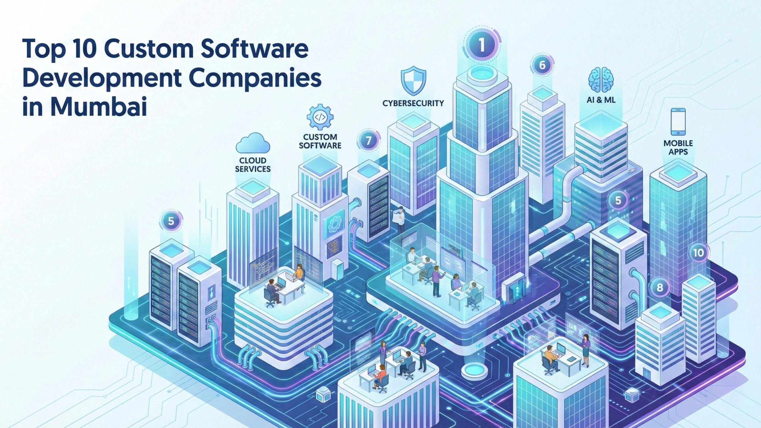 Futuristic isometric illustration of a digital city representing the top custom software development companies in Mumbai, with connected buildings labeled cloud services, custom software, cybersecurity, AI and ML, and mobile apps, showing development teams working inside a smart technology ecosystem.