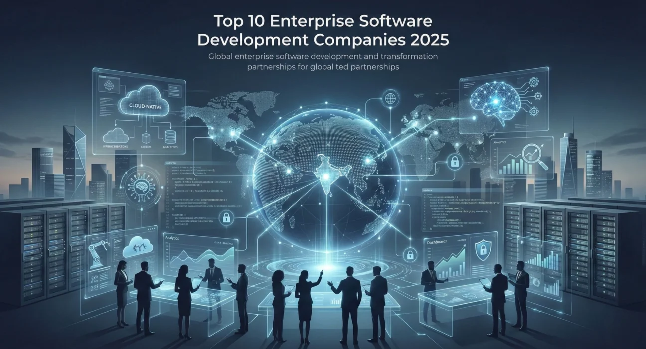Illustrated global enterprise software environment showing a central digital globe with India highlighted, surrounded by business professionals analyzing cloud-native platforms, AI systems, data analytics dashboards, cybersecurity metrics, and interconnected enterprise infrastructure, representing global software development partnerships in 2025.