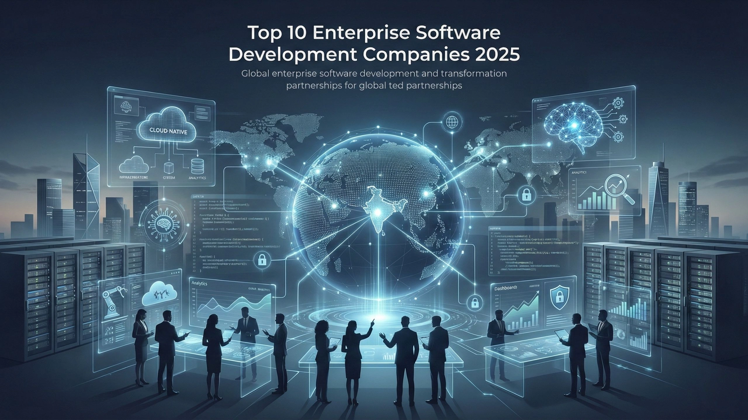 Illustrated global enterprise software environment showing a central digital globe with India highlighted, surrounded by business professionals analyzing cloud-native platforms, AI systems, data analytics dashboards, cybersecurity metrics, and interconnected enterprise infrastructure, representing global software development partnerships in 2025.