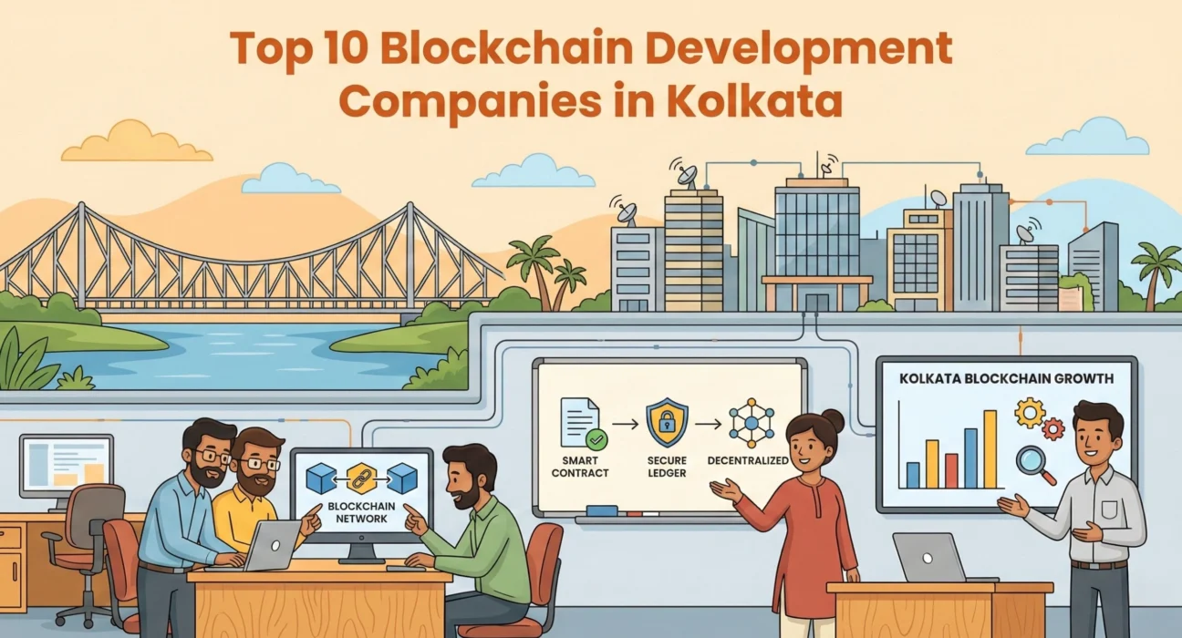 Illustration showing blockchain developers working in an office with smart contracts, secure ledger, and decentralized network concepts, set against the Kolkata cityscape including the Howrah Bridge, representing top blockchain development companies in Kolkata.