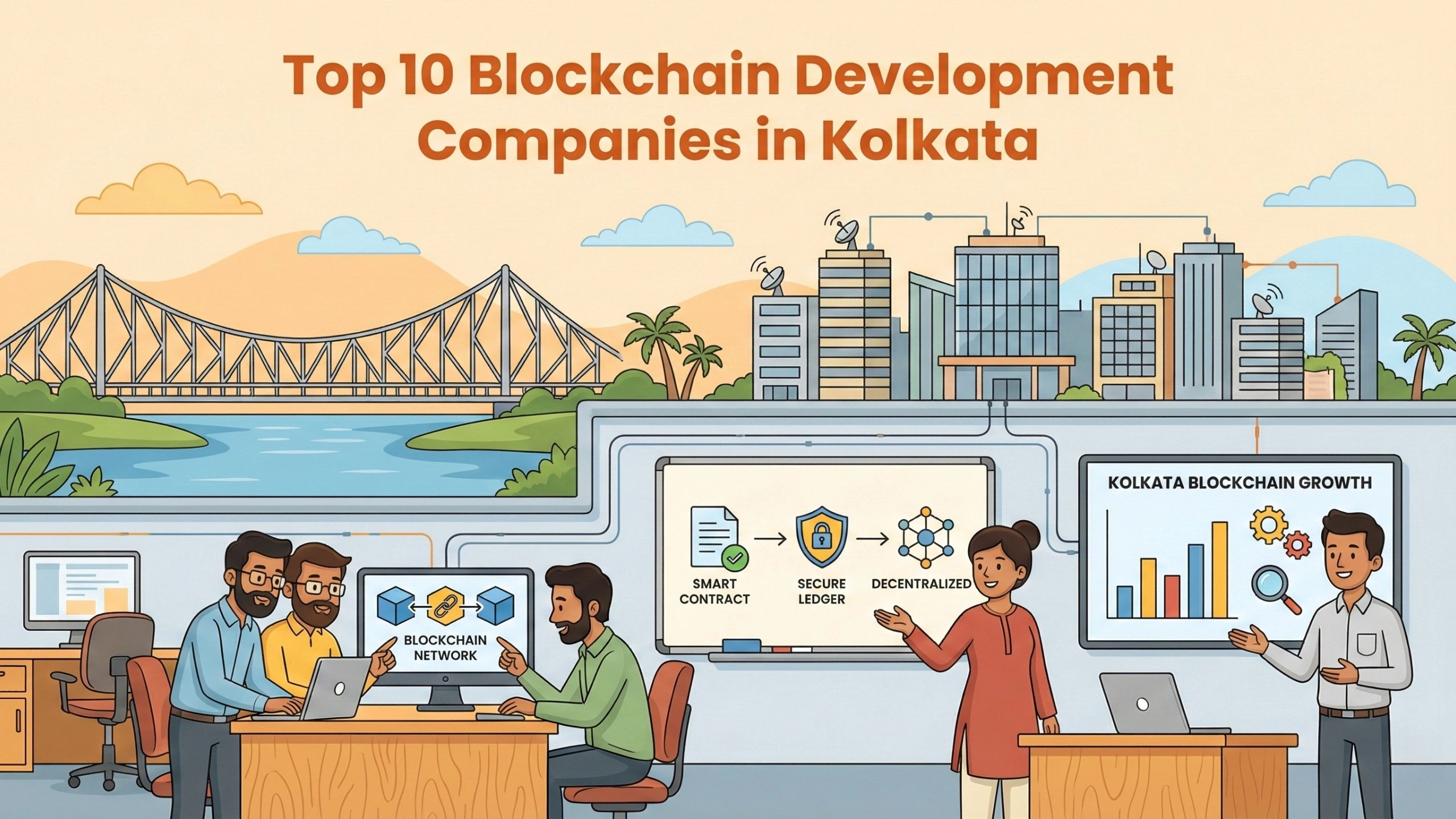 Illustration showing blockchain developers working in an office with smart contracts, secure ledger, and decentralized network concepts, set against the Kolkata cityscape including the Howrah Bridge, representing top blockchain development companies in Kolkata.