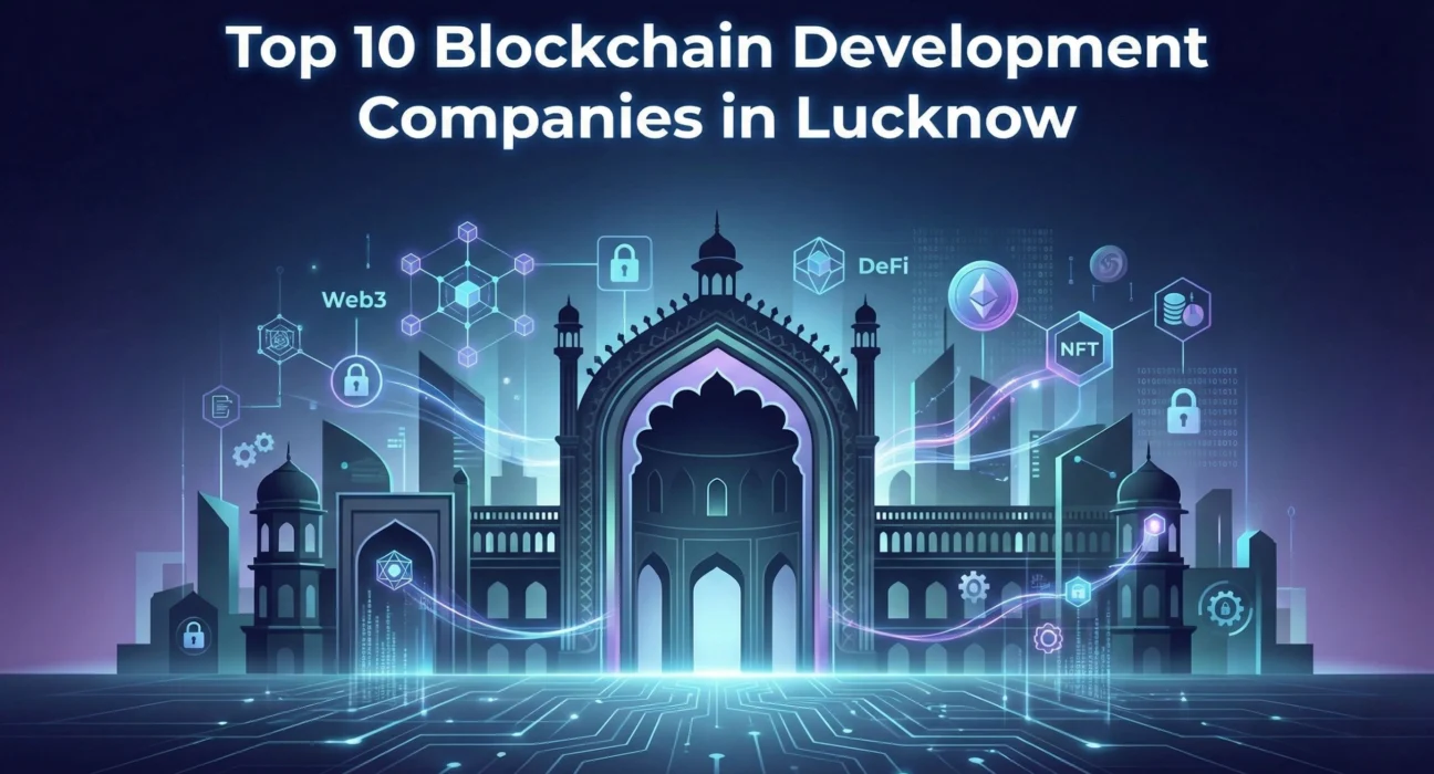 Dark futuristic illustration of the Rumi Darwaza in Lucknow surrounded by glowing blockchain network icons including NFT, DeFi, and Web3 security symbols.