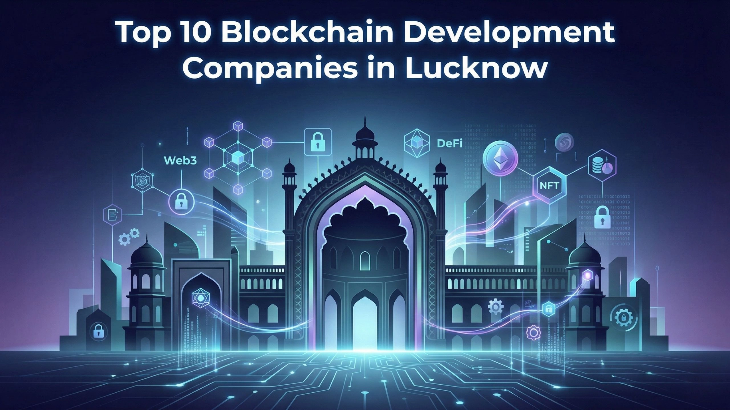 Dark futuristic illustration of the Rumi Darwaza in Lucknow surrounded by glowing blockchain network icons including NFT, DeFi, and Web3 security symbols.