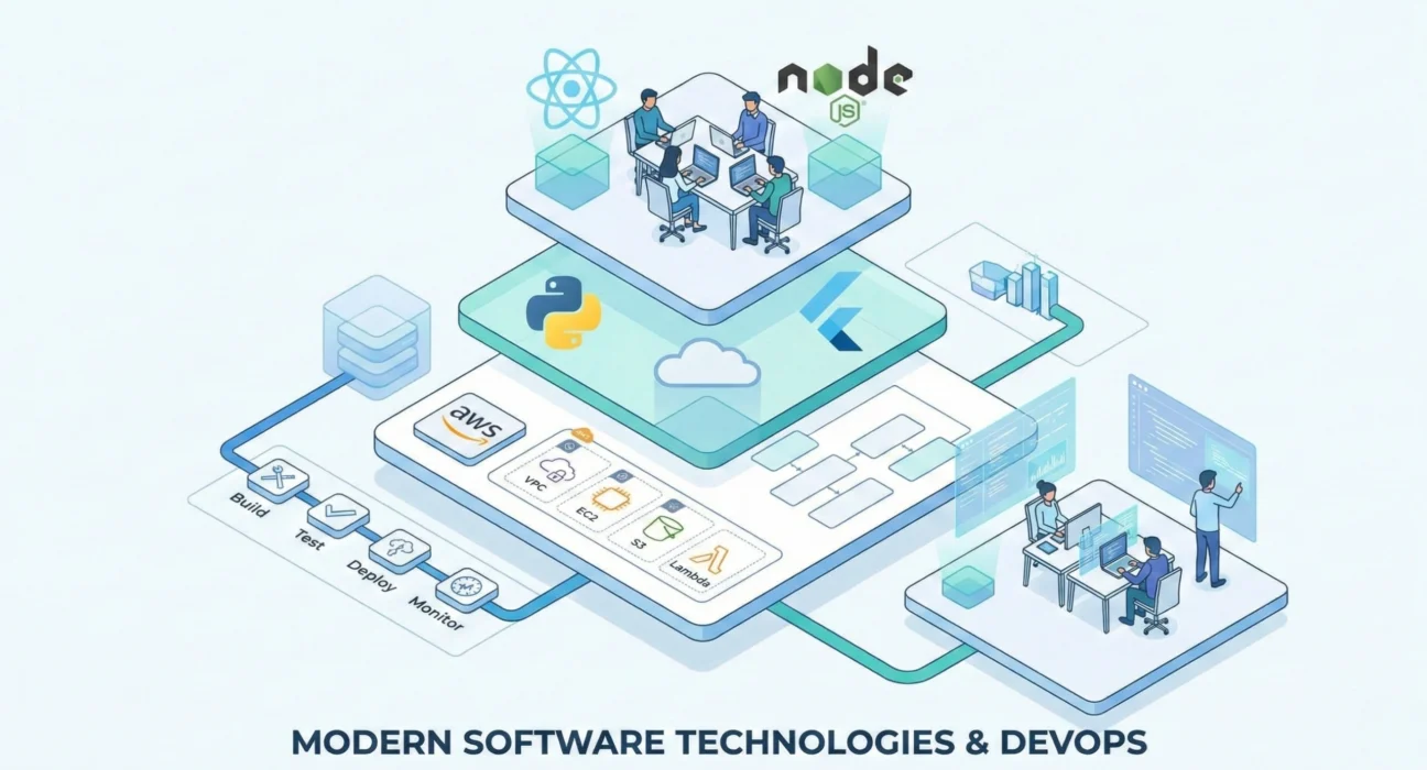 Illustration showing a modern software development and DevOps architecture with teams collaborating using React, Node.js, Python, Flutter, and AWS, including CI/CD workflow stages such as build, test, deploy, and monitor in a cloud-based environment.