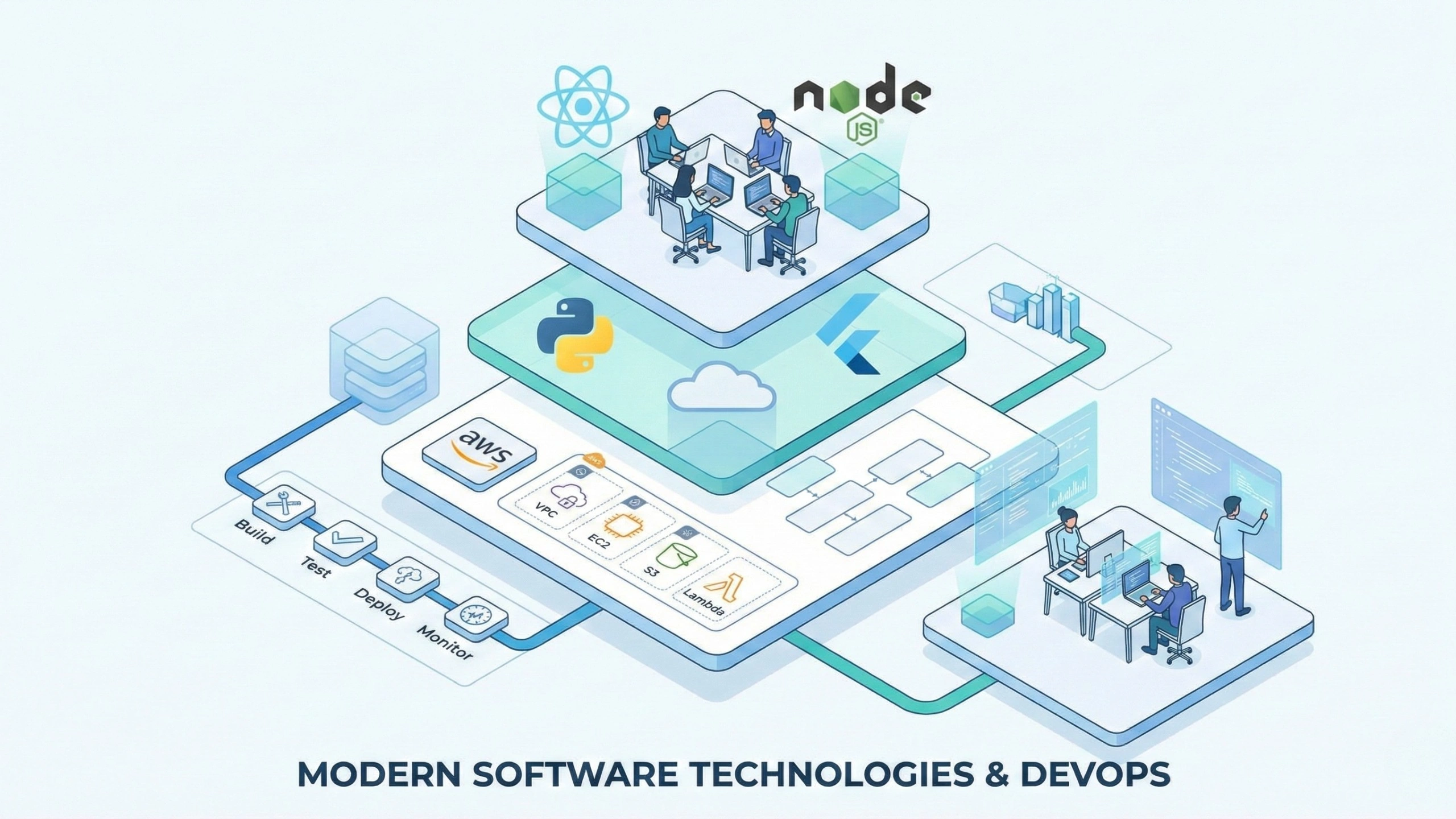 Illustration showing a modern software development and DevOps architecture with teams collaborating using React, Node.js, Python, Flutter, and AWS, including CI/CD workflow stages such as build, test, deploy, and monitor in a cloud-based environment.