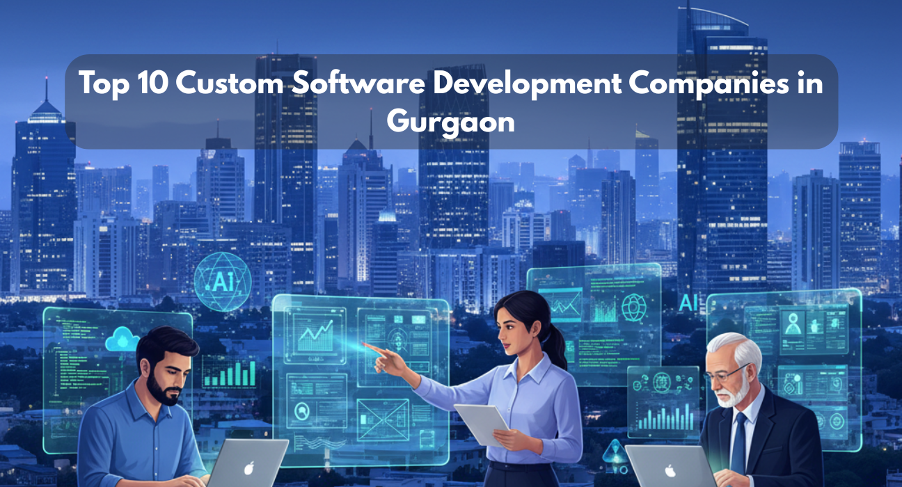 Top 10 custom software development companies in Gurgaon showcasing enterprise software solutions, modern IT teams, and advanced technology innovation.