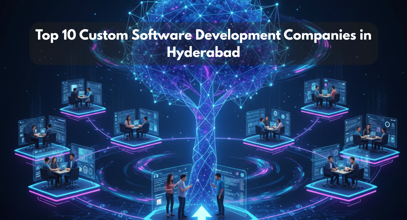 Top 10 custom software development companies in Hyderabad showcasing modern IT parks, developers, and advanced digital technologies