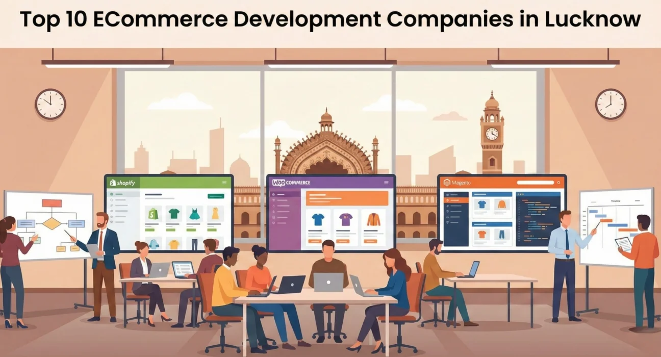 An office setting with developers working in front of large screens displaying Shopify, WooCommerce, and Magento interfaces, with the Lucknow Rumi Darwaza visible through the window and a title reading "Top 10 eCommerce Development Companies in Lucknow.