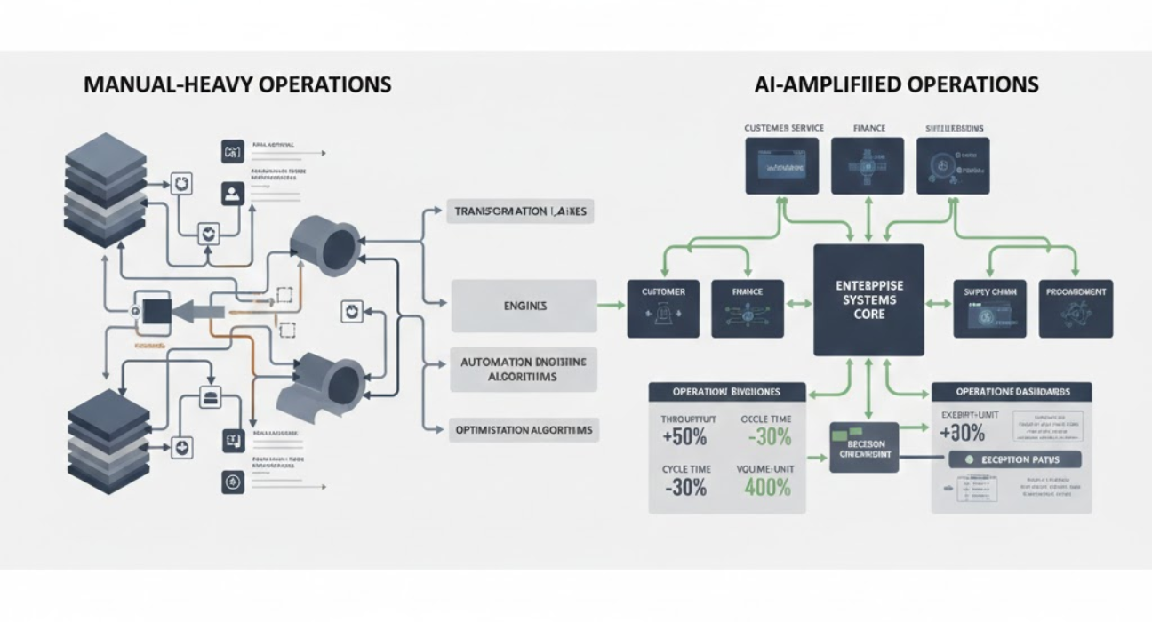 Enterprise operations architecture showing AI embedded in workflows to increase capacity, optimise decisions, reduce bottlenecks, and scale performance without additional resources.