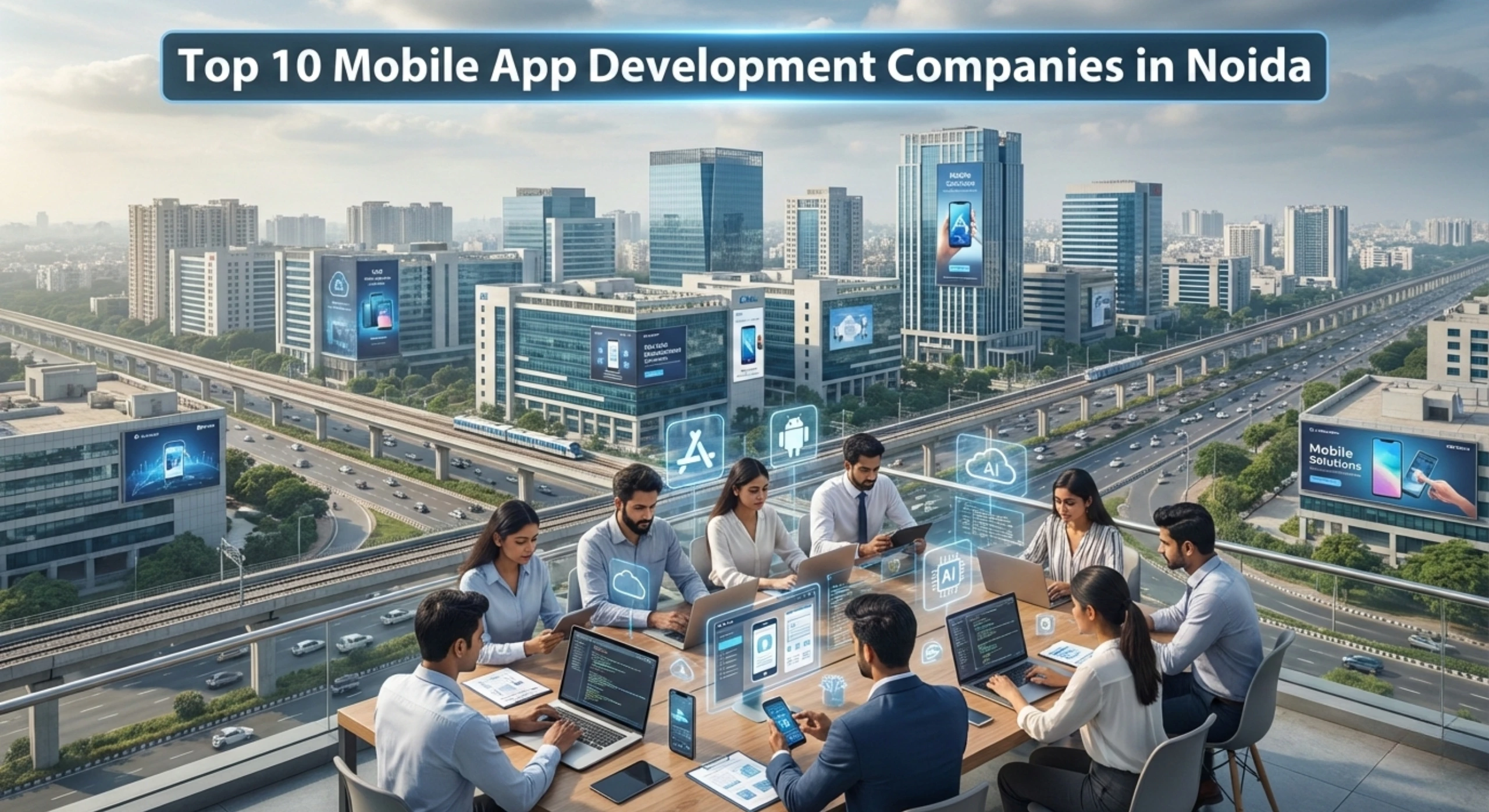Top 10 mobile app development companies in Noida with IT professionals working on Android and iOS app development in a modern Noida tech cityscape.