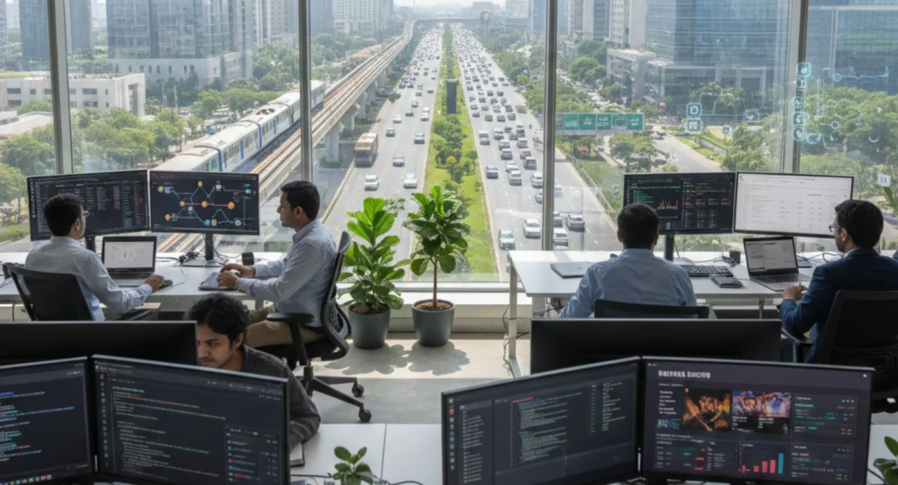 Blockchain developers working in a modern Noida office overlooking metro rail and expressway, managing smart contracts and enterprise blockchain dashboards.