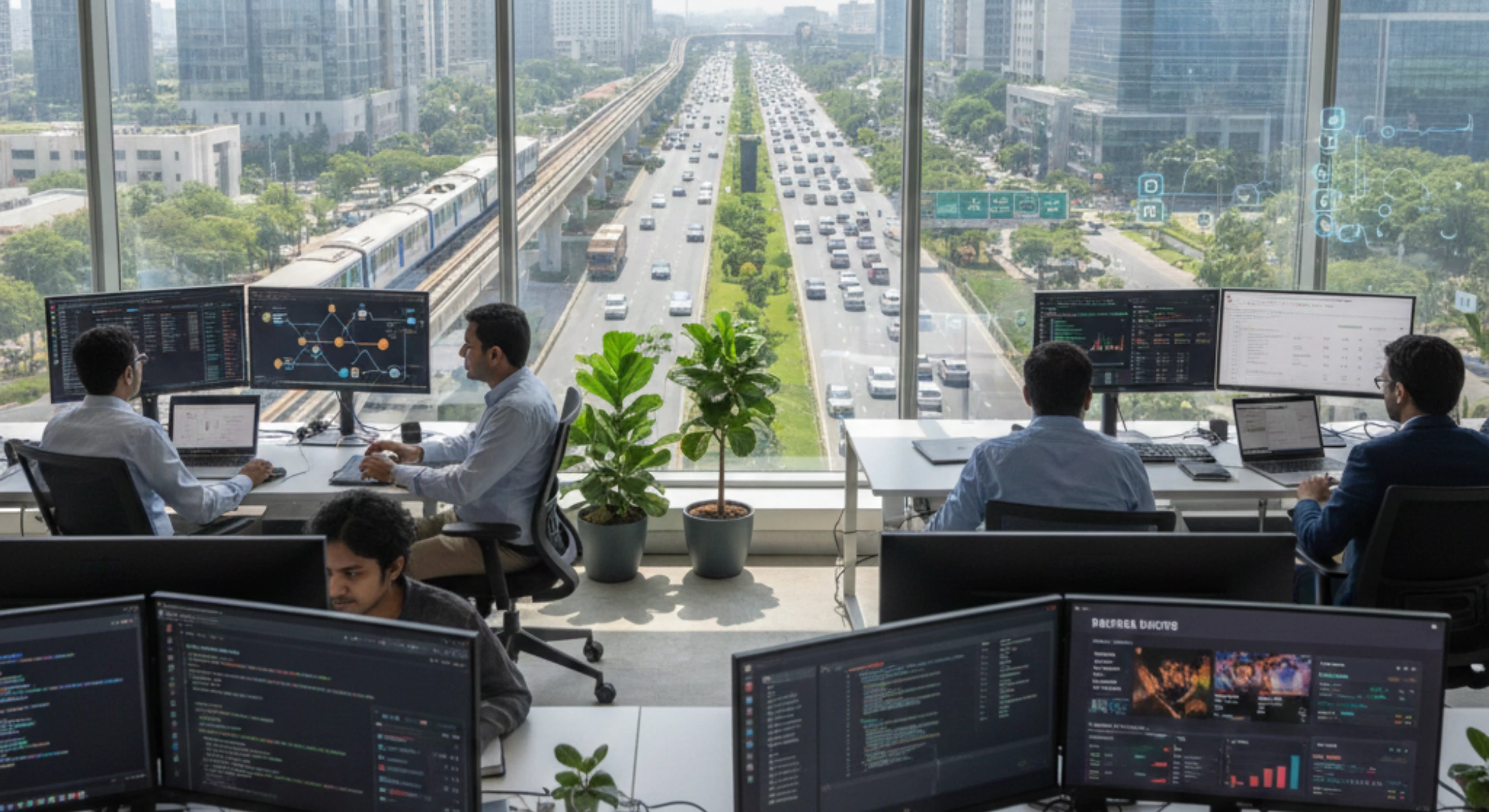 Blockchain developers working in a modern Noida office overlooking metro rail and expressway, managing smart contracts and enterprise blockchain dashboards.