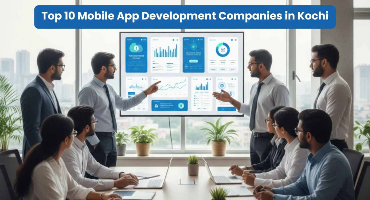 Team of mobile app developers in Kochi discussing app analytics and dashboards during a professional business meeting.