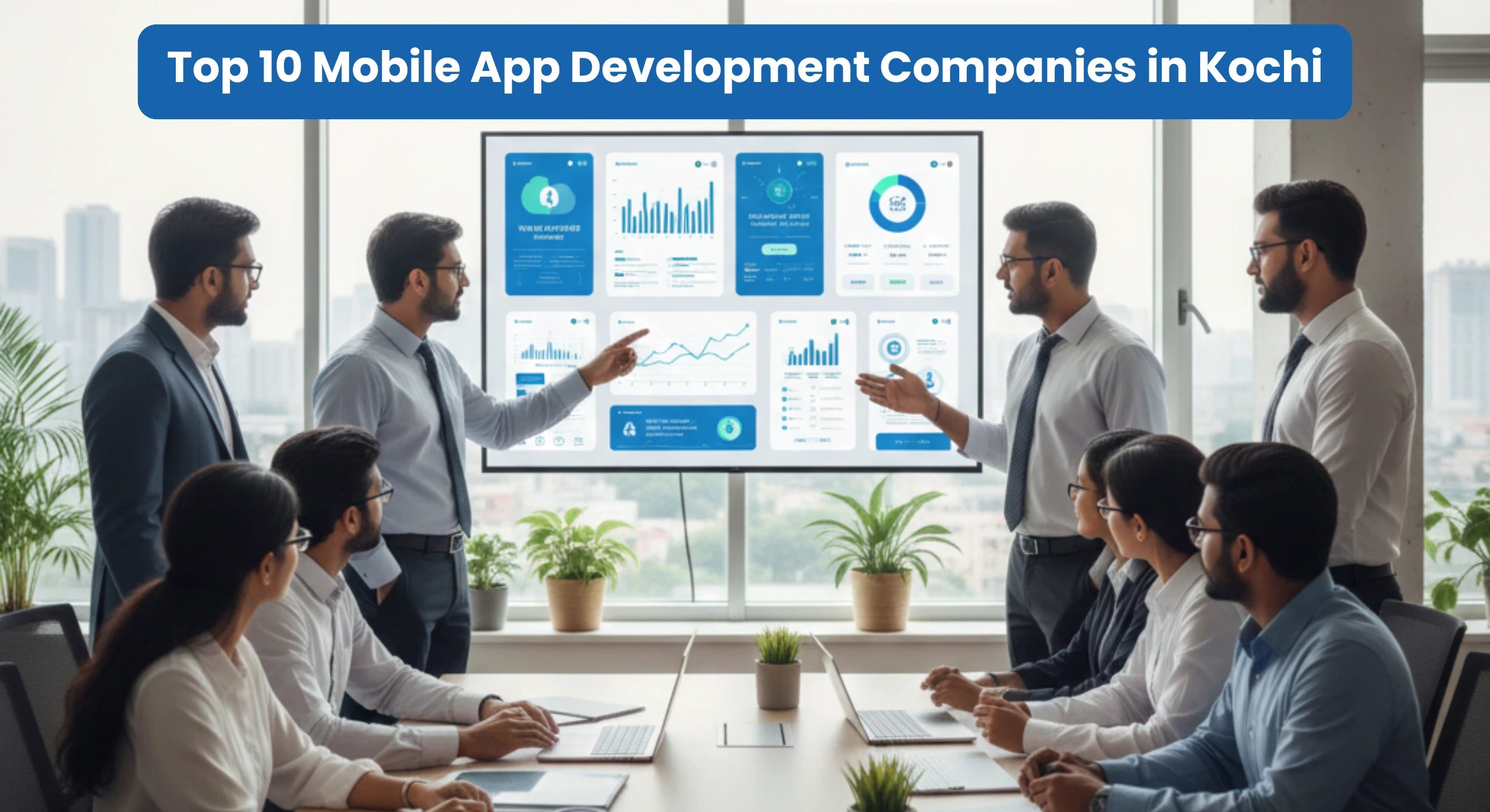 Team of mobile app developers in Kochi discussing app analytics and dashboards during a professional business meeting.