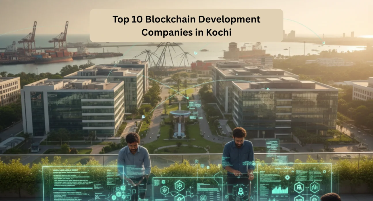 Blockchain developers working at Infopark Kochi with smart contract and Web3 visuals overlooking Cochin Port and Chinese fishing nets.