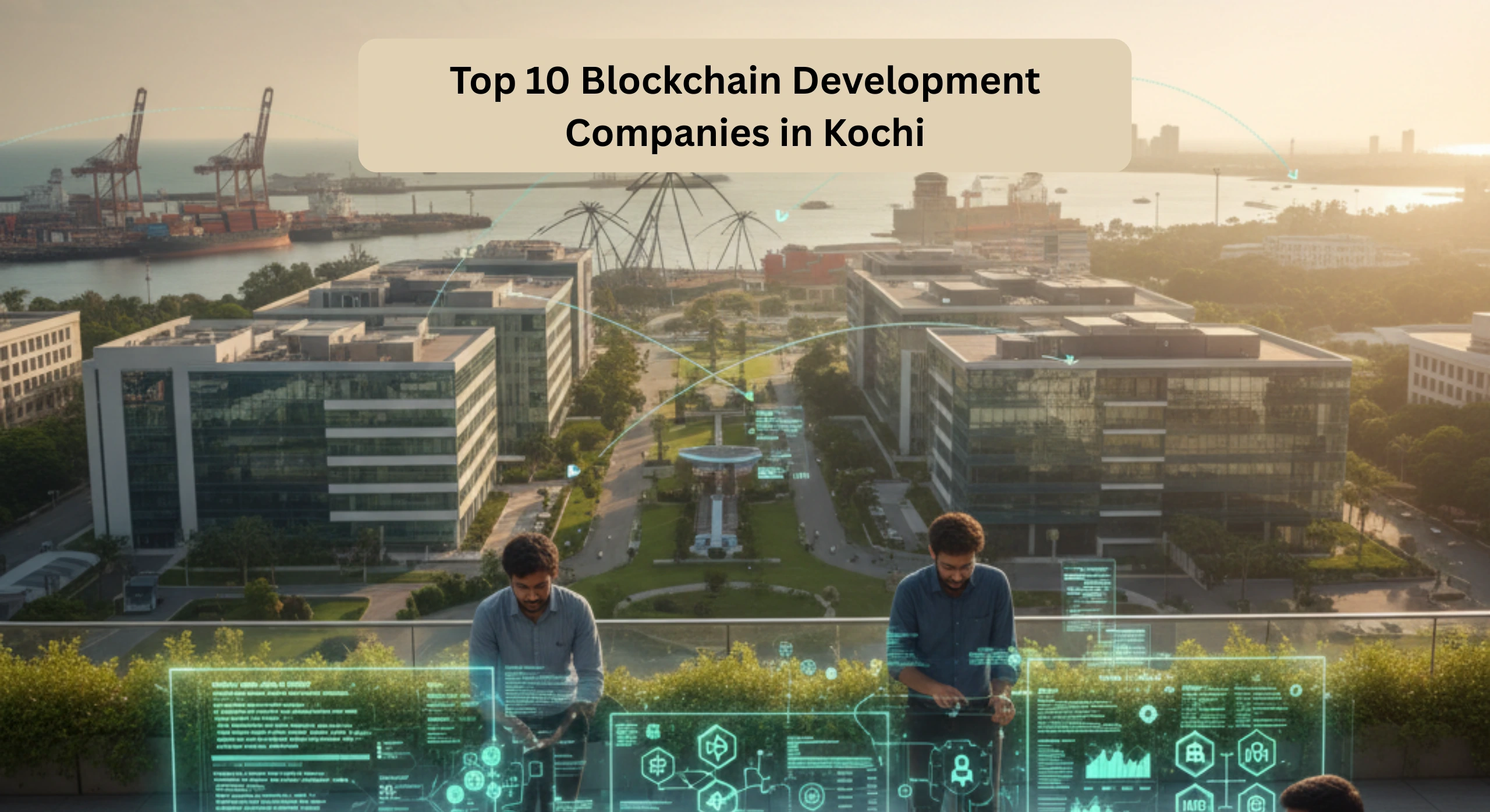 Blockchain developers working at Infopark Kochi with smart contract and Web3 visuals overlooking Cochin Port and Chinese fishing nets.