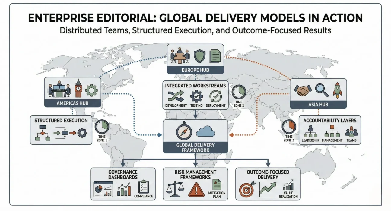Global enterprise delivery teams collaborating across geographies with integrated governance, execution discipline, and accountability to deliver large-scale programs.