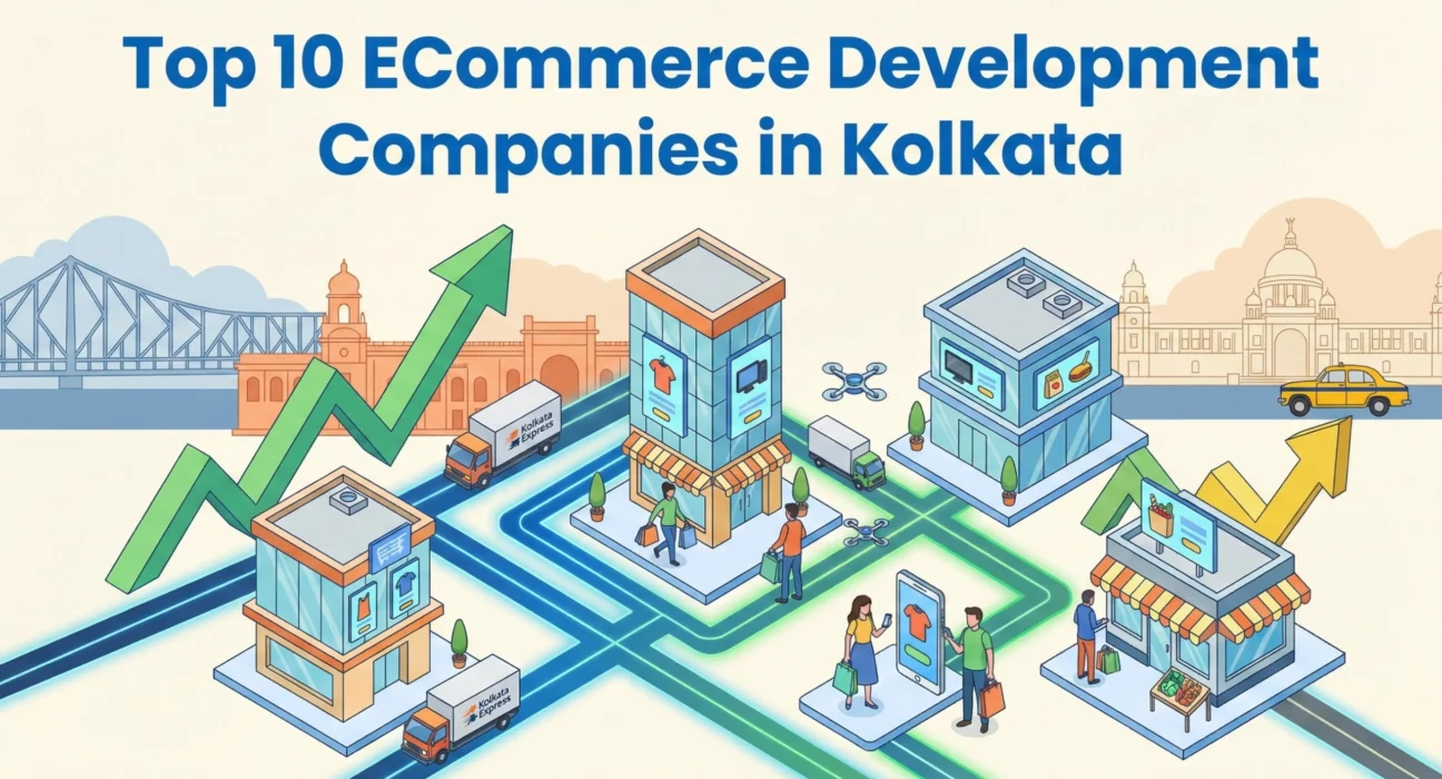 Illustration showing multiple eCommerce storefronts connected through digital networks, delivery trucks, mobile shoppers, and upward growth arrows, with Kolkata landmarks like Howrah Bridge and Victoria Memorial in the background, representing the growth of eCommerce development companies in Kolkata.
