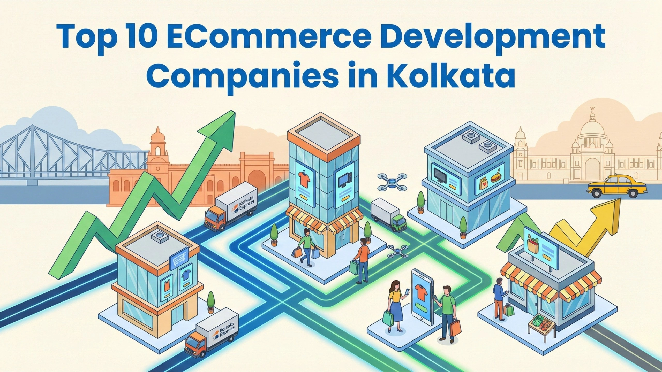 Illustration showing multiple eCommerce storefronts connected through digital networks, delivery trucks, mobile shoppers, and upward growth arrows, with Kolkata landmarks like Howrah Bridge and Victoria Memorial in the background, representing the growth of eCommerce development companies in Kolkata.