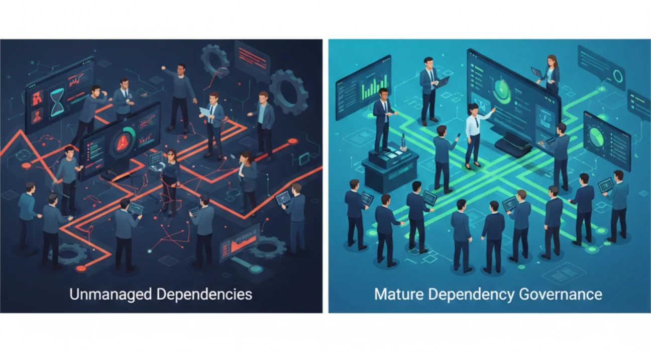 Dependency management in large enterprise programs showing cross-team coordination, vendor integration, and executive oversight