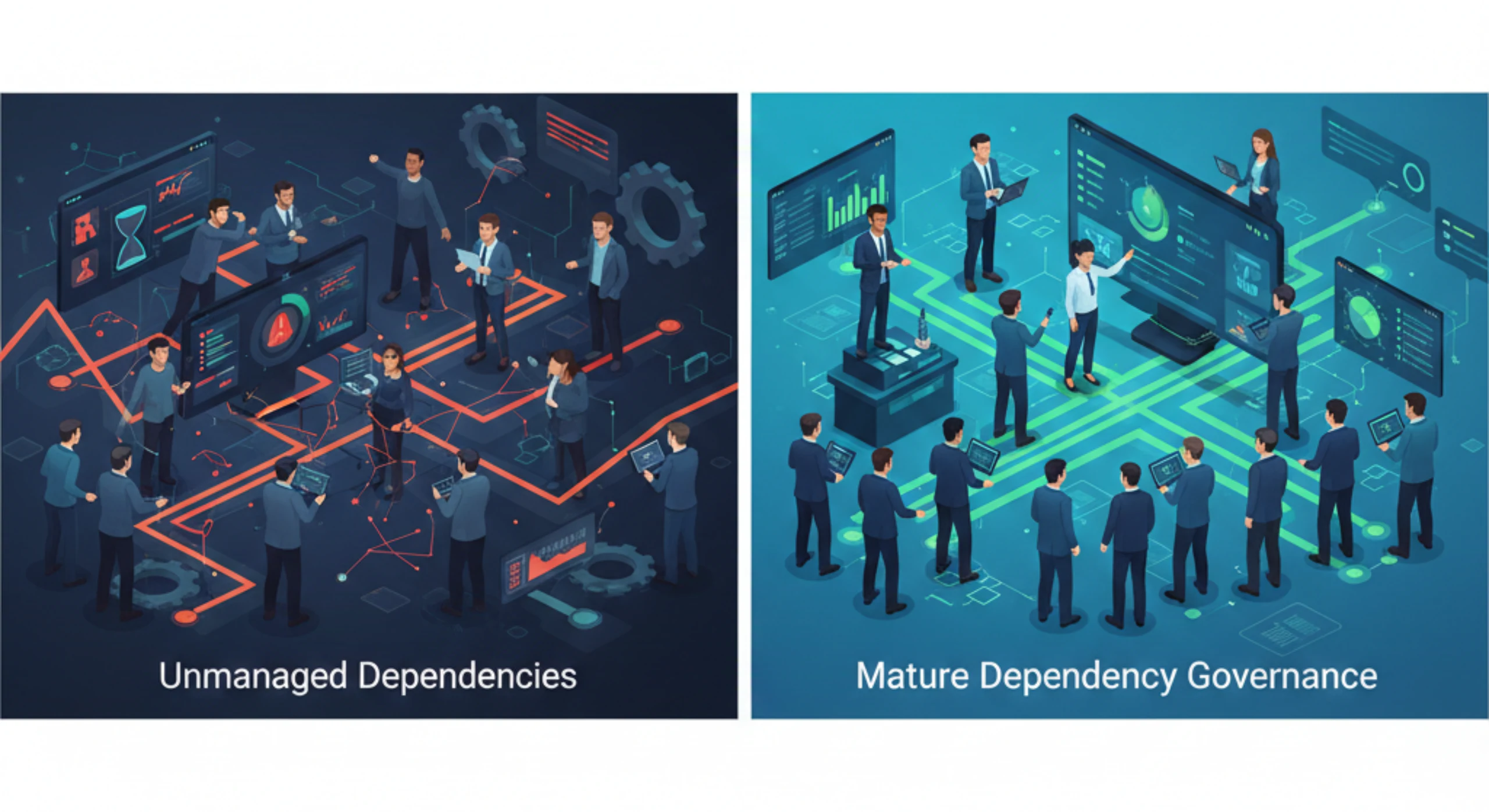 Dependency management in large enterprise programs showing cross-team coordination, vendor integration, and executive oversight