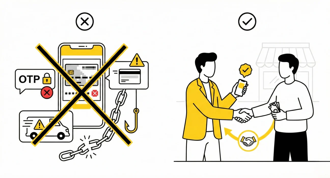 Local buyer and seller completing a safe face-to-face transaction while avoiding common online selling scams.