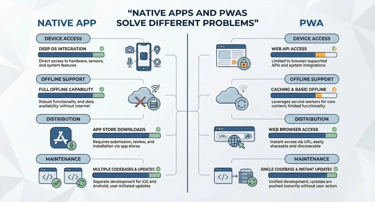 Enterprise decision framework comparing native mobile apps and PWAs