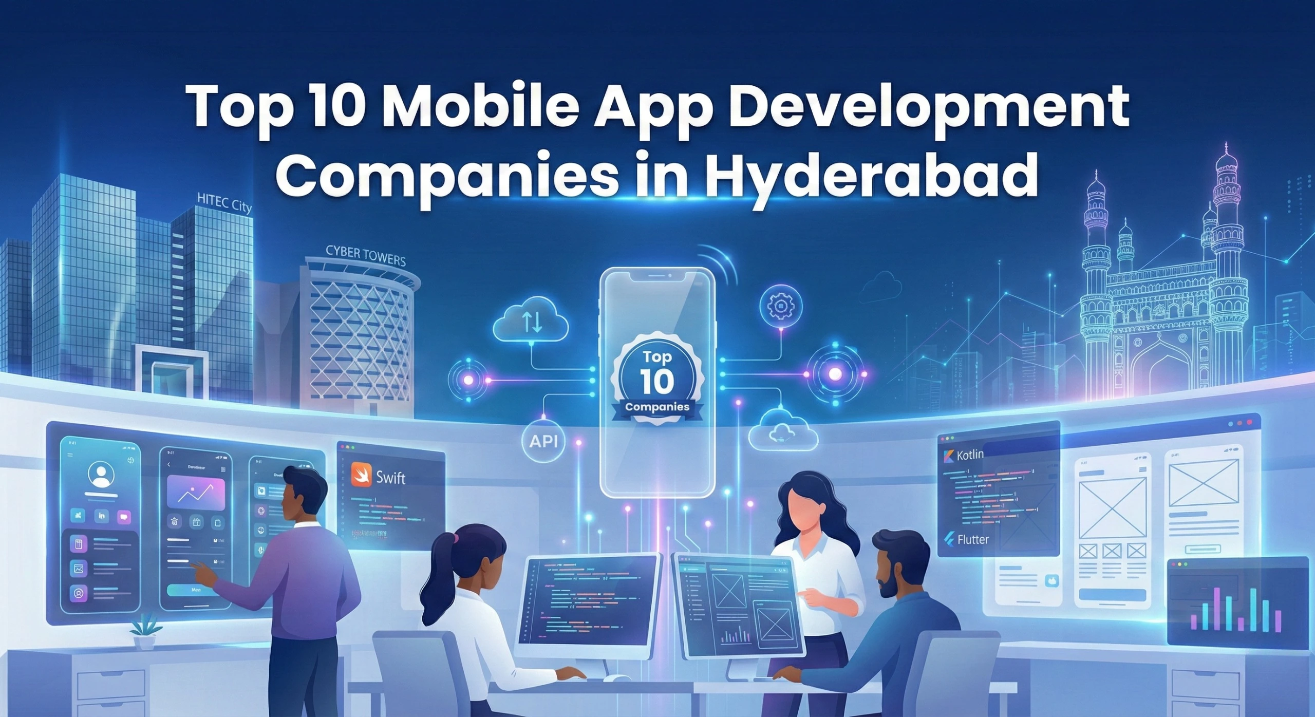 Top mobile app development companies in Hyderabad including Ozrit, Net Solutions, Mobisoft and other leading IT firms in HITEC City and Gachibowli.