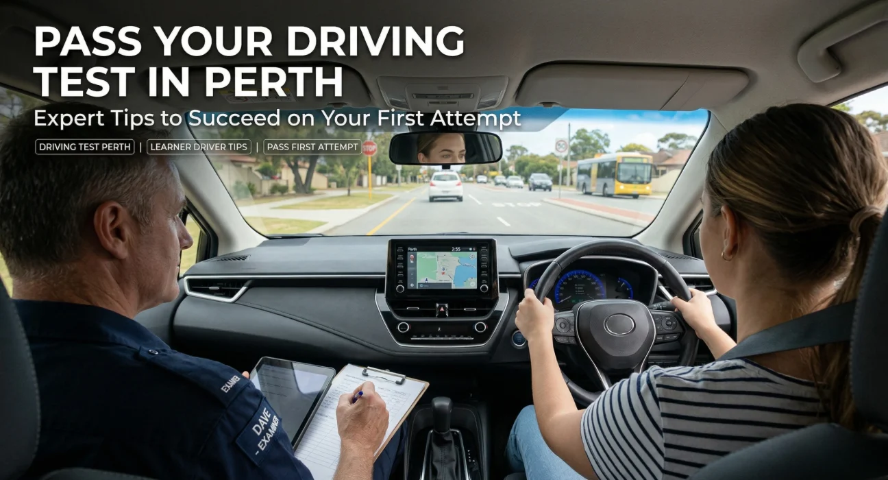 Learner driver taking driving test in Perth with examiner observing inside car