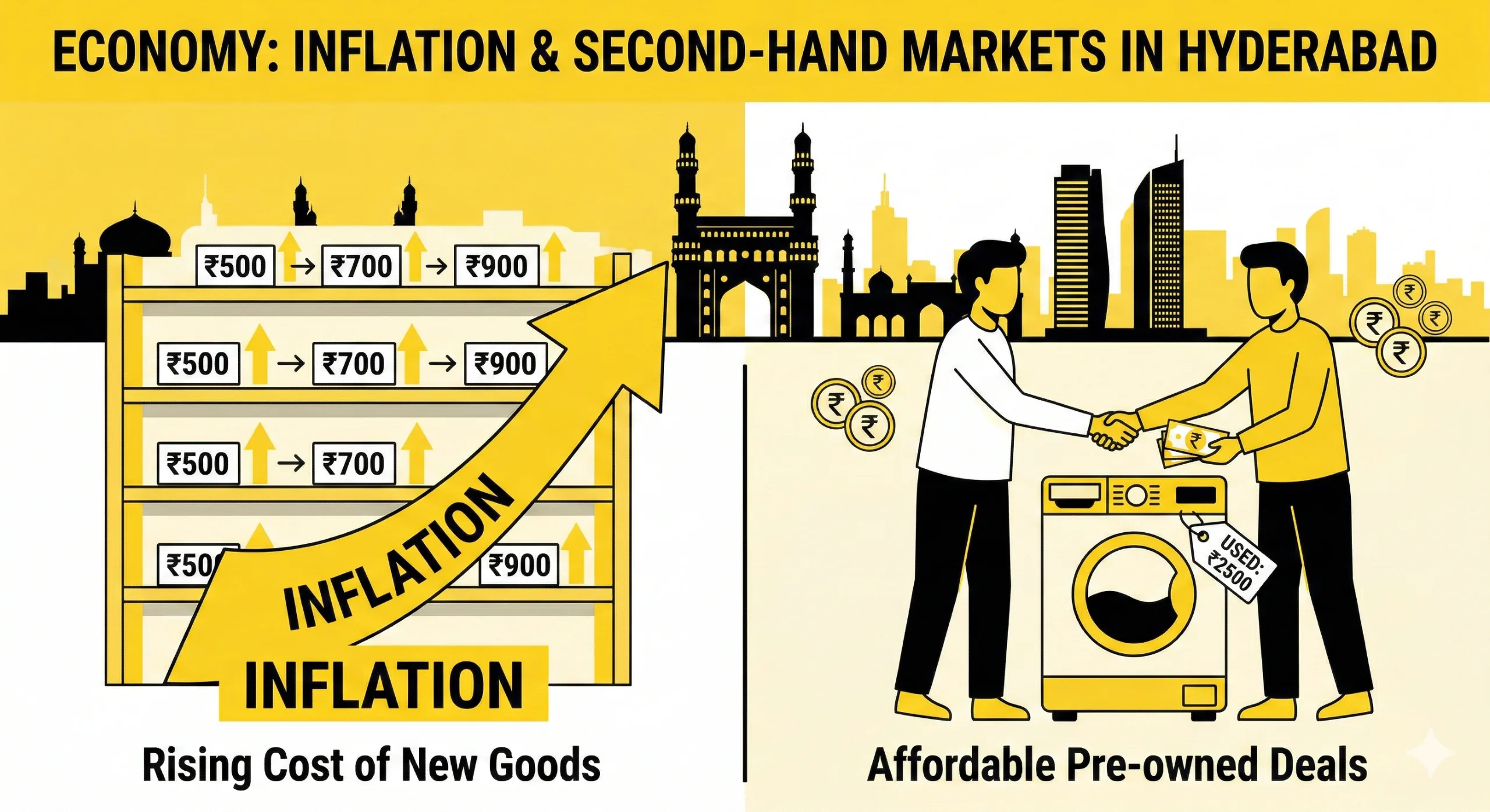 Second-hand market in Hyderabad showing used furniture, electronics and appliances listed for local sale