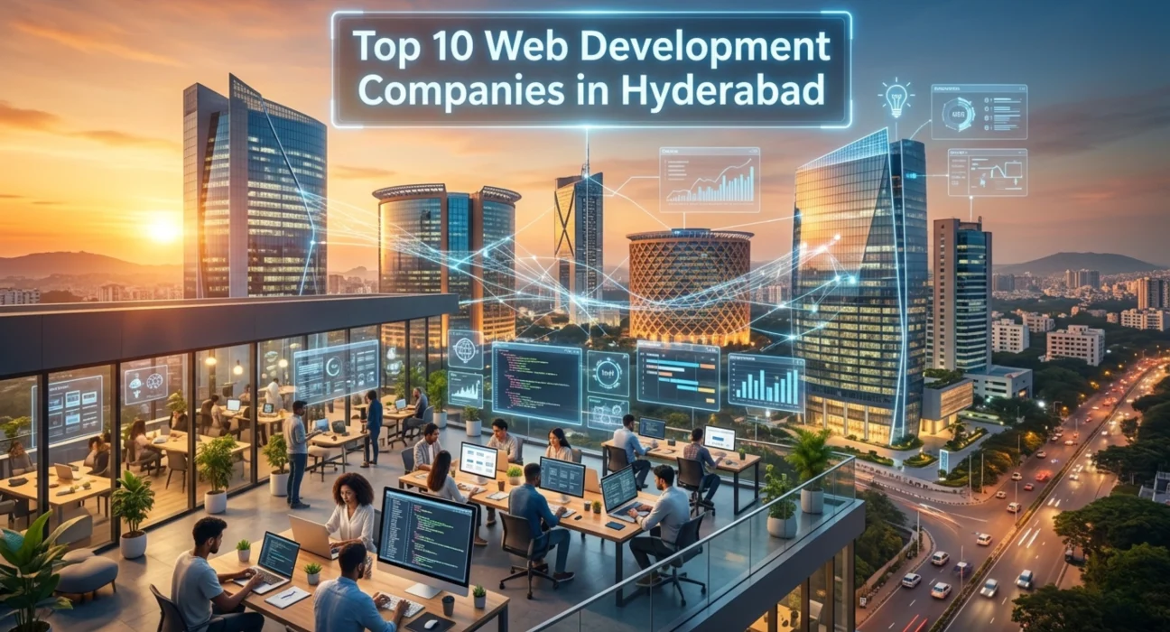 Top 10 Web Development Companies in Hyderabad showcasing IT hubs and developers working in modern office