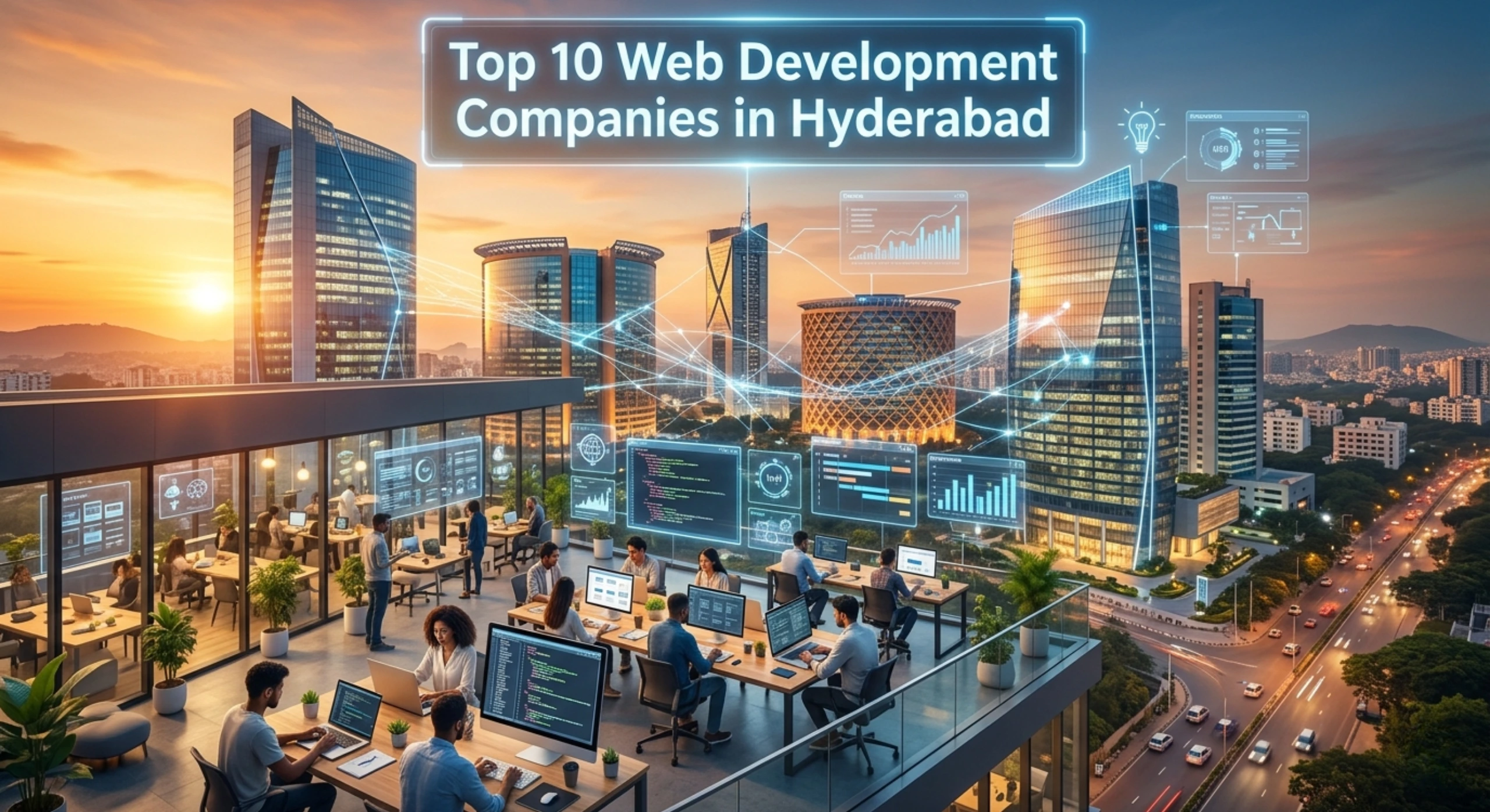 Top 10 Web Development Companies in Hyderabad showcasing IT hubs and developers working in modern office