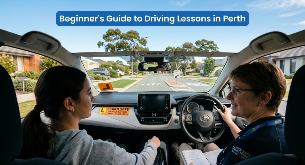 Beginner taking driving lessons in Perth with professional driving instructor in a dual-control car