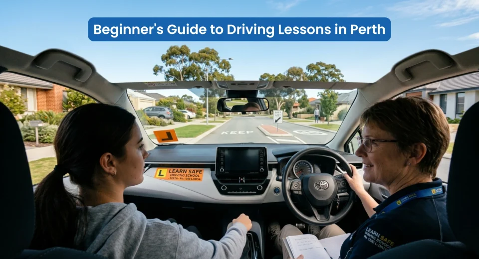 Beginner taking driving lessons in Perth with professional driving instructor in a dual-control car