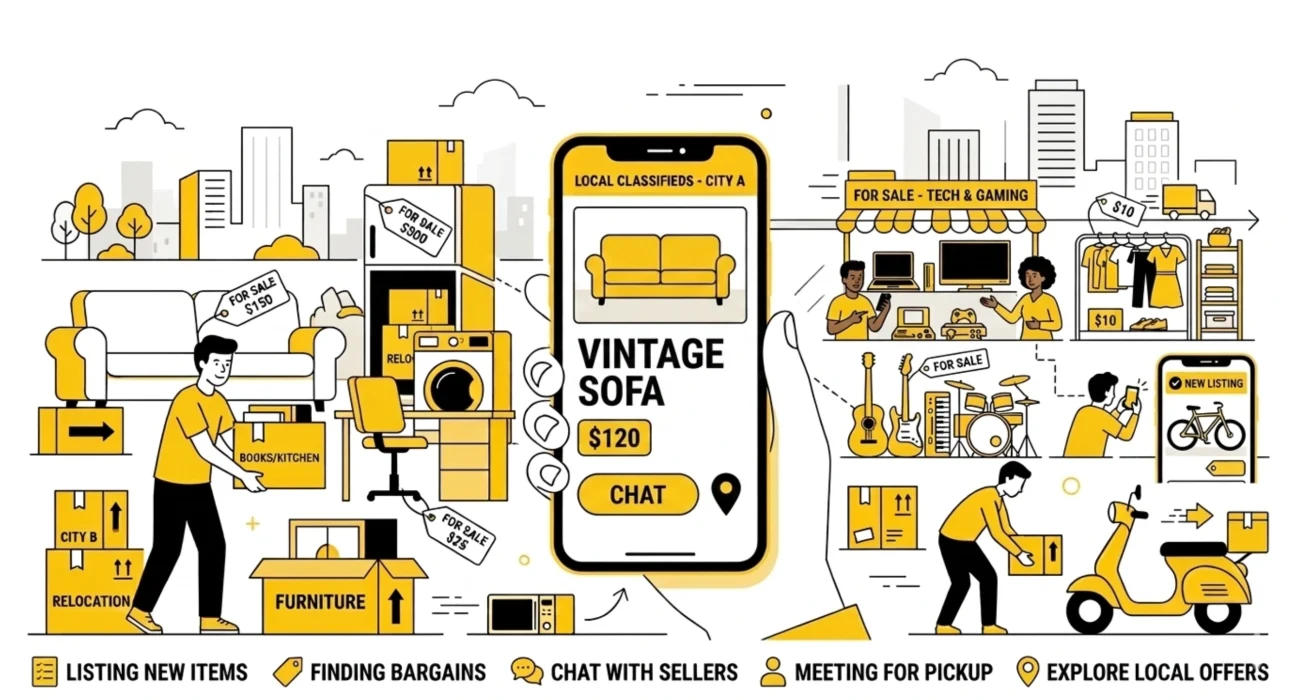 Relocation trends in local classifieds showing furniture and appliances sold during city moves