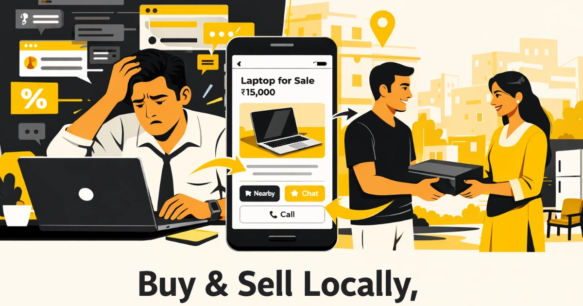 Local buying and selling in India illustration showing easy neighborhood transactions and simplified classifieds platform