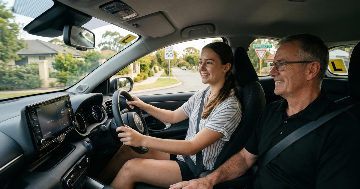 Beginner driver gaining confidence during a driving lesson with instructor on a suburban road