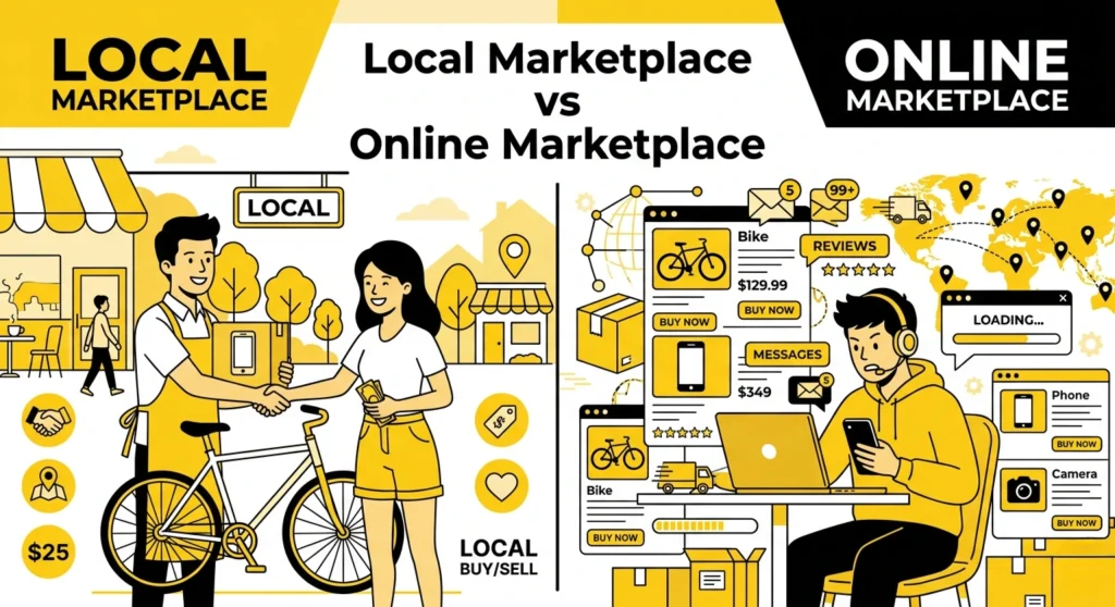 Local Marketplace vs Online Marketplace visual comparison showing local buying and online selling differences
