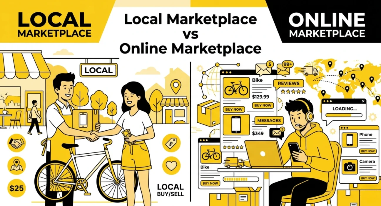 Local Marketplace vs Online Marketplace visual comparison showing local buying and online selling differences