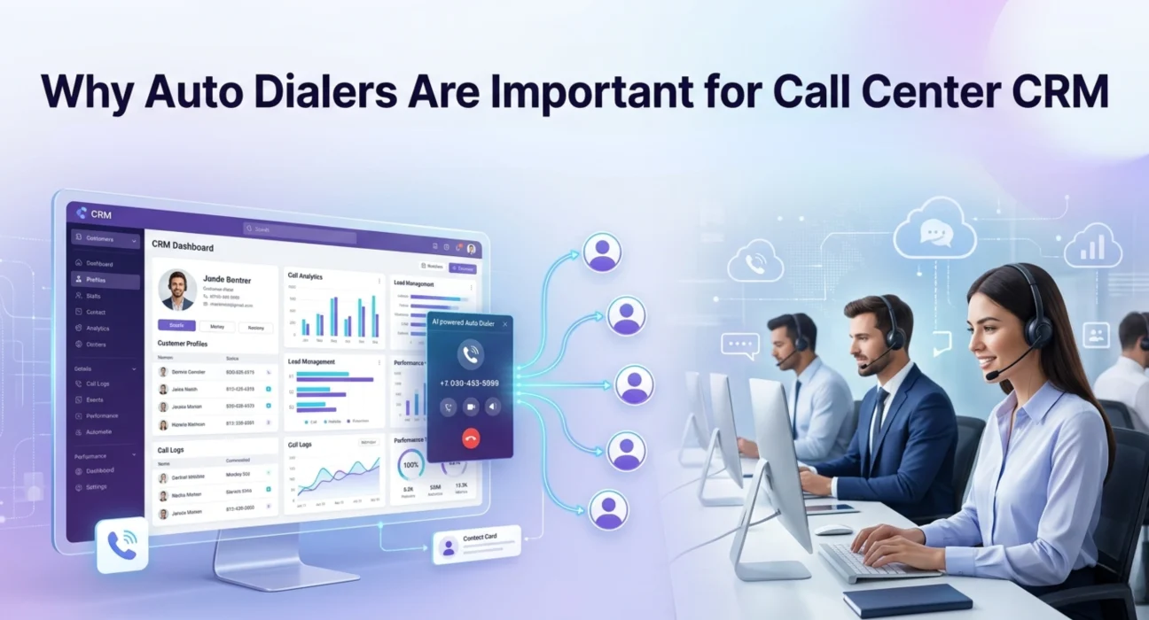 Professional call center agents using a CRM-integrated auto dialer system with customer data, call analytics, and automated outbound calling dashboard.