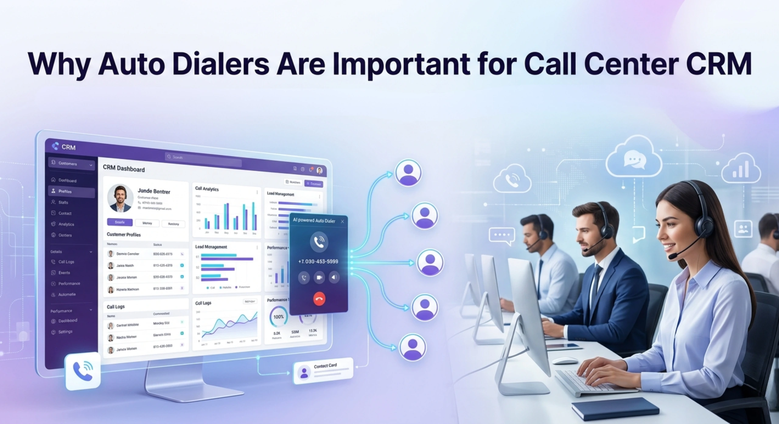 Professional call center agents using a CRM-integrated auto dialer system with customer data, call analytics, and automated outbound calling dashboard.